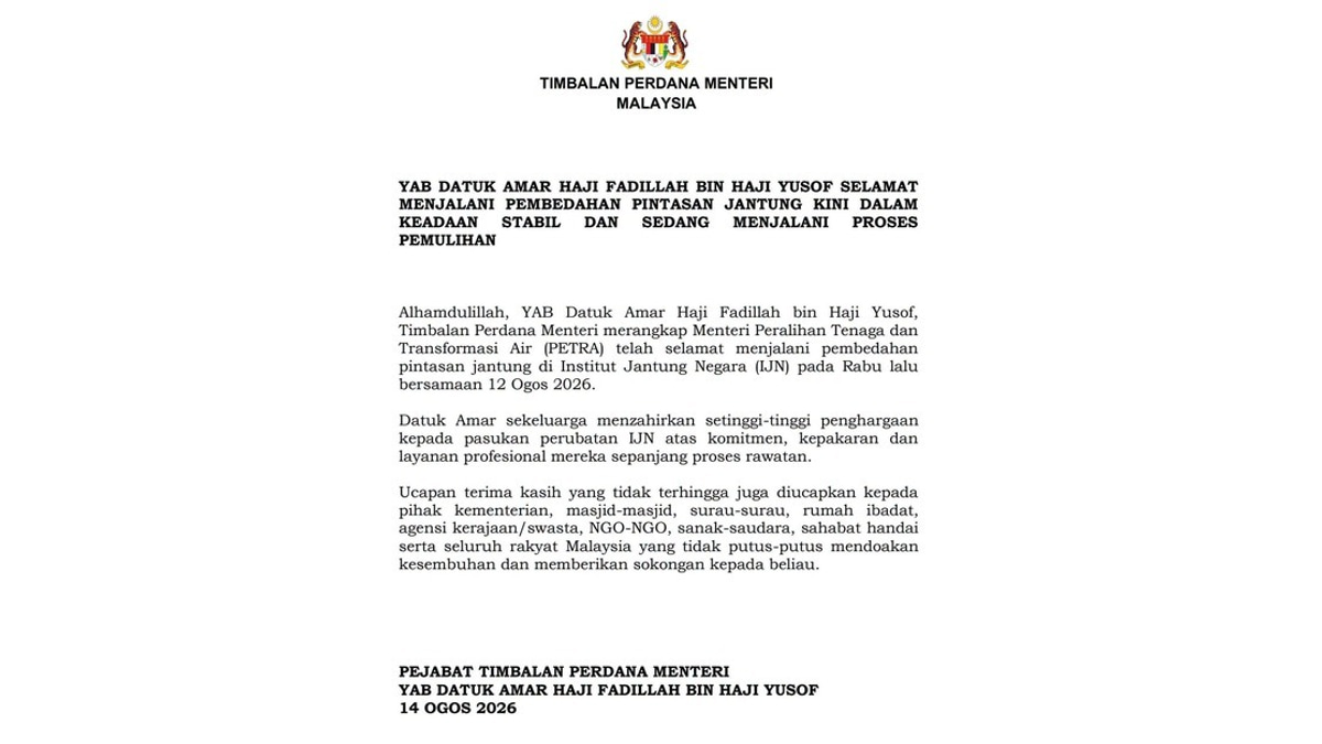 Deputy PM Fadillah Making Strong Recovery After Double Heart Bypass Surgery