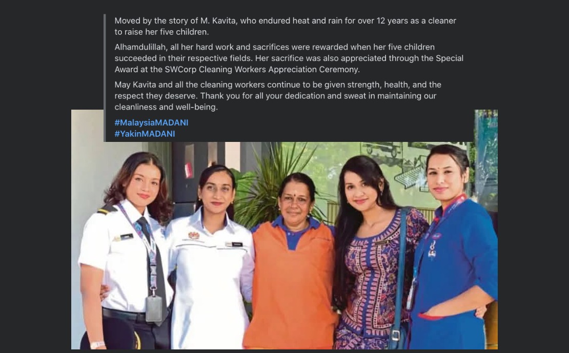 PM Anwar Honours Seremban Street Sweeper Kavita for Raising Five Accomplished Children