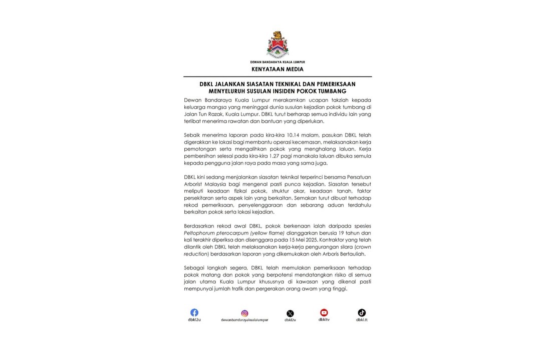 DBKL and Arborists Launch Investigation Into Fatal Tree Collapse on Jalan Tun Razak