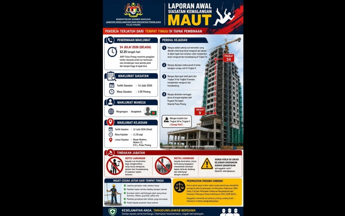 Penang DOSH Investigates Bangladeshi Worker's Fatal Fall from 34th Floor